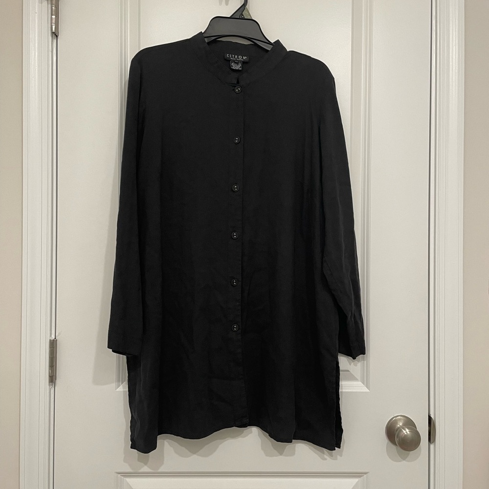 Citron Black Button-Up Tunic Shirt Silk Linen 2X